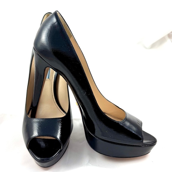 Prada Black Vernice Saffiano Leather Peep Toe Platform Pumps Size 39½ - Picture 5 of 12